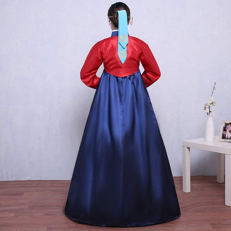 XINFU Women's Korean Traditional Hanbok Sets Long Sleeve Colorful Cosplay Costume Dress, Redcyan, X-Large - Image 4